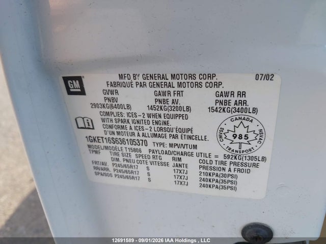 12691589 :رقم المزاد ، 1GKET16S636105370 vin ، 2003 Gmc Envoy Xl Sle/slt مزاد بيع