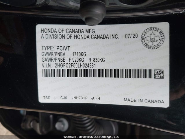 Honda Civic Lx 2020 2HGFC2F50LH024381 Image 9