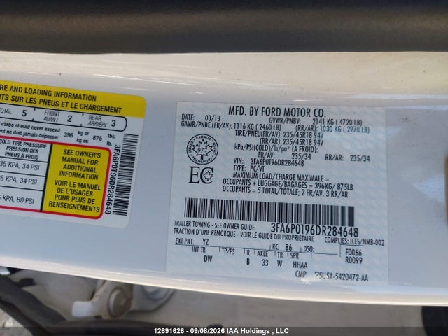12691626 :رقم المزاد ، 3FA6P0T96DR284648 vin ، 2013 Ford Fusion Se مزاد بيع