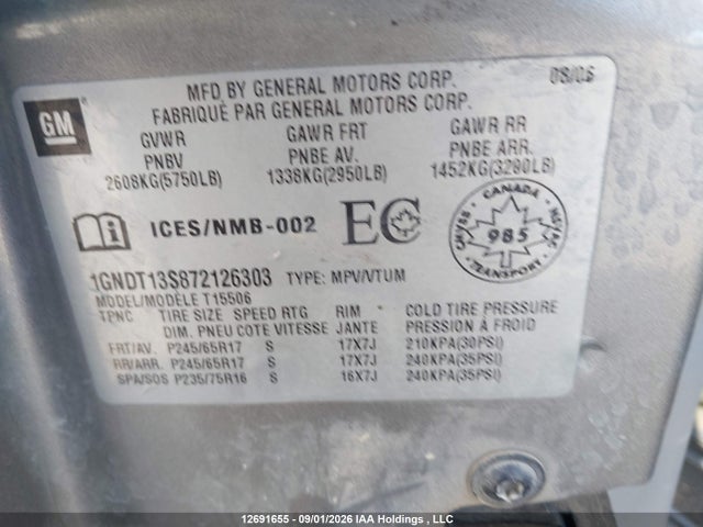 2007 Chevrolet Trailblazer Ls/lt მანქანა იყიდება აუქციონზე, vin: 1GNDT13S872126303, აუქციონის ნომერი: 12691655