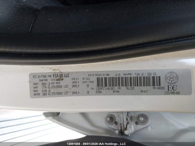 2019 Ram 1500 Laramie Longhorn მანქანა იყიდება აუქციონზე, vin: 1C6SRFST1KN819671, აუქციონის ნომერი: 12691658