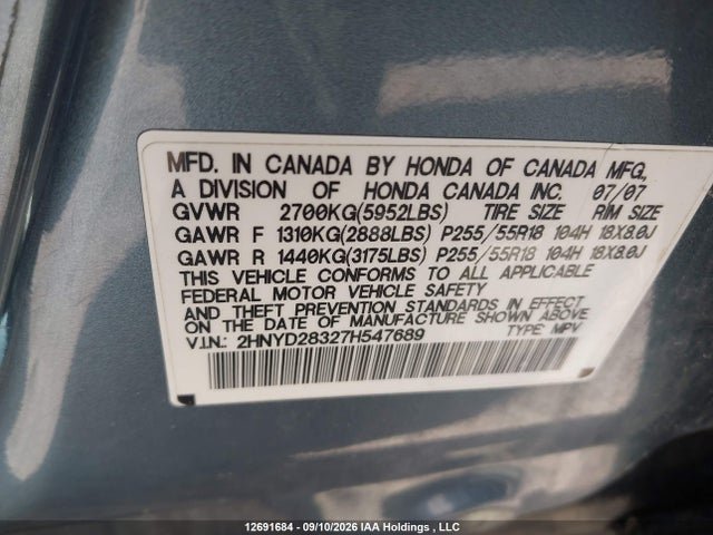 Aukcja sprzedaży 2007 Acura Mdx Technology, vin: 2HNYD28327H547689, numer aukcji: 12691684