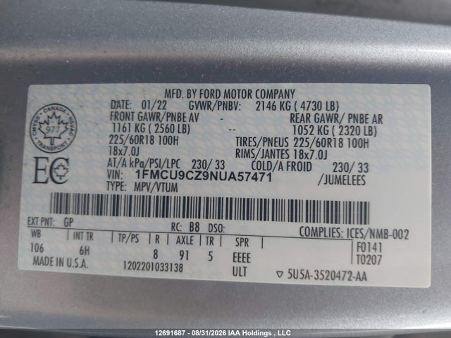2022 Ford Escape Sel Hybrid მანქანა იყიდება აუქციონზე, vin: 1FMCU9CZ9NUA57471, აუქციონის ნომერი: 12691687