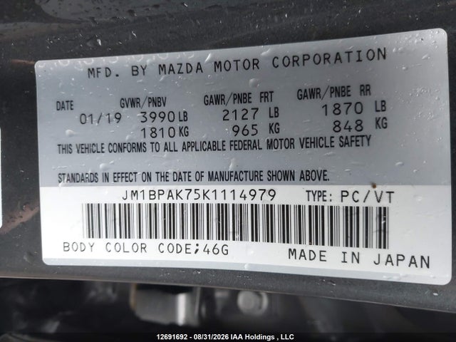 Auction sale of the 2019 Mazda Mazda3 Gx, vin: JM1BPAK75K1114979, lot number: 12691692