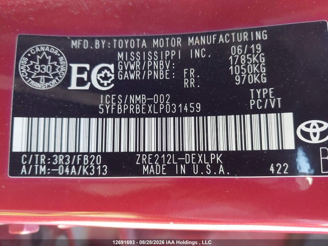 12691693 :رقم المزاد ، 5YFBPRBEXLP031459 vin ، 2020 Toyota Corolla Le مزاد بيع