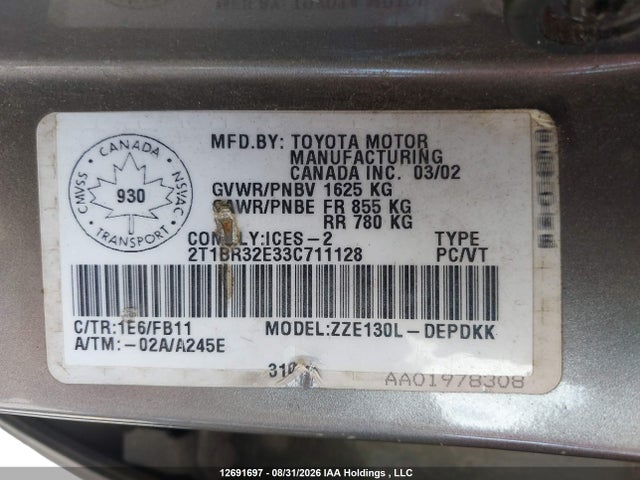 Продажа на аукционе авто 2003 Toyota Corolla Ce/le/sport, vin: 2T1BR32E33C711128, номер лота: 12691697