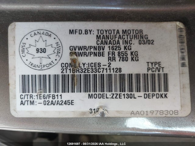 Продажа на аукционе авто 2003 Toyota Corolla Ce/le/sport, vin: 2T1BR32E33C711128, номер лота: 12691697