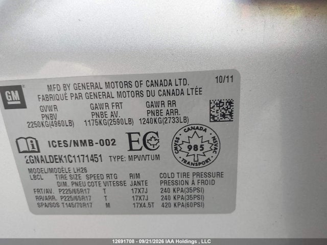 12691708 :رقم المزاد ، 2GNALDEK1C1171451 vin ، 2012 Chevrolet Equinox 1lt مزاد بيع