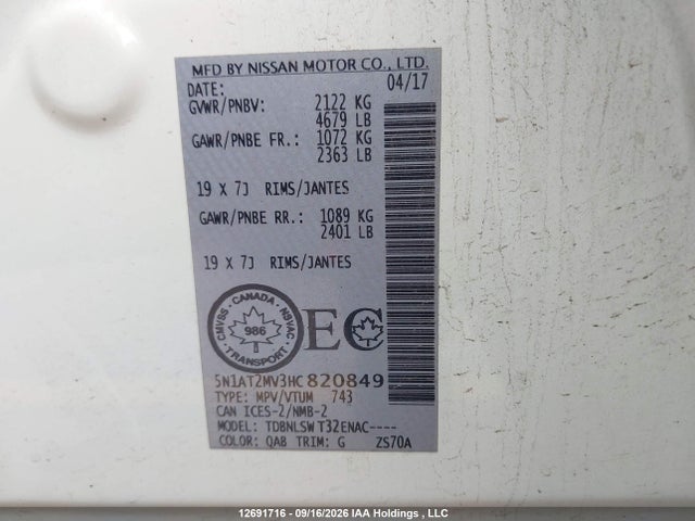 12691716 :رقم المزاد ، 5N1AT2MV3HC820849 vin ، 2017 Nissan Rogue مزاد بيع
