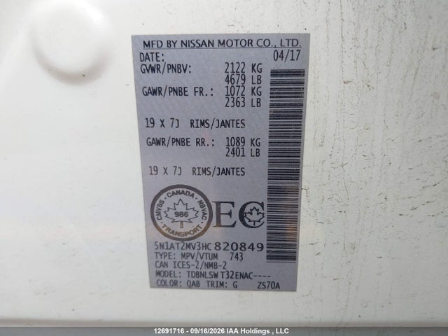 12691716 :رقم المزاد ، 5N1AT2MV3HC820849 vin ، 2017 Nissan Rogue مزاد بيع