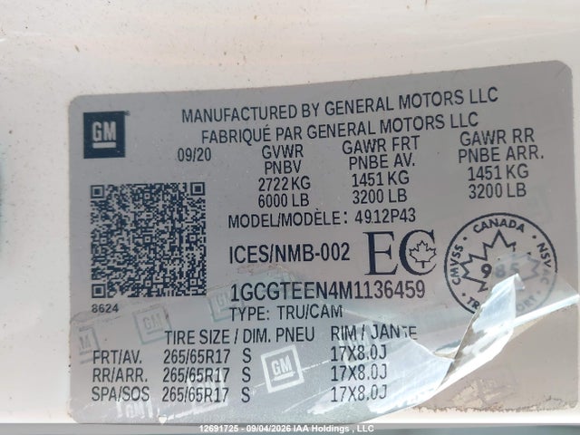 12691725 :رقم المزاد ، 1GCGTEEN4M1136459 vin ، 2021 Chevrolet Colorado Zr2 مزاد بيع