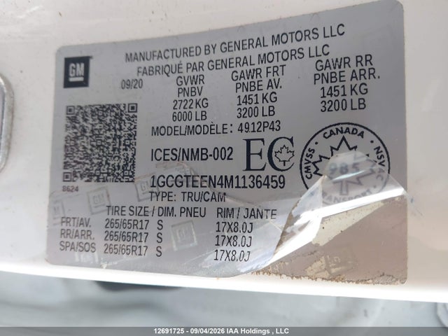 12691725 :رقم المزاد ، 1GCGTEEN4M1136459 vin ، 2021 Chevrolet Colorado Zr2 مزاد بيع