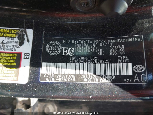 Aukcja sprzedaży 2011 Toyota Corolla S/le, vin: 2T1BU4EEXBC609825, numer aukcji: 12691736