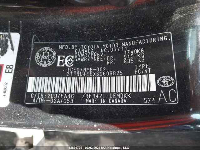Aukcja sprzedaży 2011 Toyota Corolla S/le, vin: 2T1BU4EEXBC609825, numer aukcji: 12691736