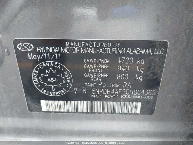 Продаж на аукціоні авто 2012 Hyundai Elantra Gl, vin: 5NPDH4AE2CH064365, номер лоту: 12691743