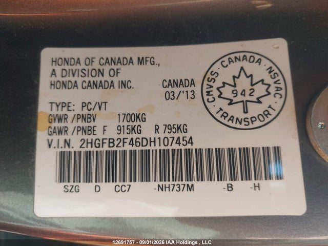 2013 Honda Civic Lx მანქანა იყიდება აუქციონზე, vin: 2HGFB2F46DH107454, აუქციონის ნომერი: 12691757