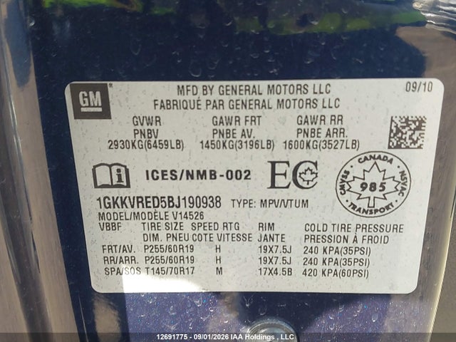 Aukcja sprzedaży 2011 Gmc Acadia Slt-1, vin: 1GKKVRED5BJ190938, numer aukcji: 12691775