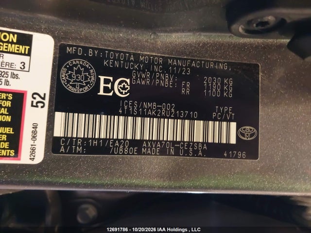 Продаж на аукціоні авто 2024 Toyota Camry Se Night Shade/se, vin: 4T1S11AK2RU213710, номер лоту: 12691786