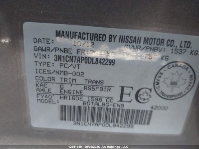 Aukcja sprzedaży 2013 Nissan Versa S/s Plus/sv/sl, vin: 3N1CN7AP0DL842299, numer aukcji: 12691789