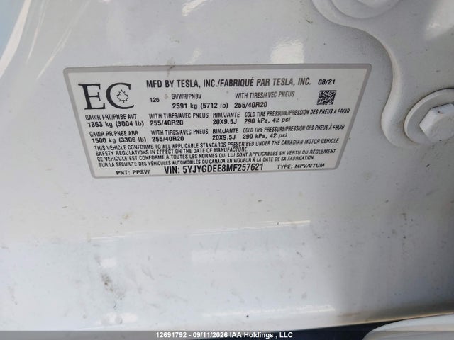 Aukcja sprzedaży 2021 Tesla Model Y Long Range, vin: 5YJYGDEE8MF257621, numer aukcji: 12691792
