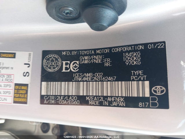 12691823 :رقم المزاد ، JTNK4MBE2N3162467 vin ، 2022 Toyota Corolla Se مزاد بيع