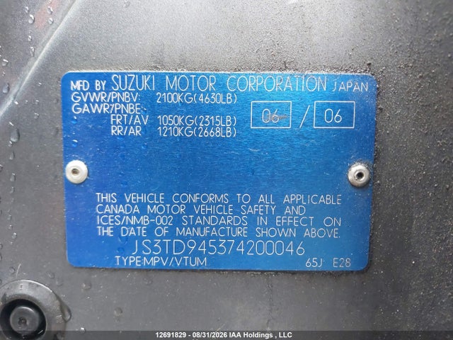 12691829 :رقم المزاد ، JS3TD945374200046 vin ، 2007 Suzuki Grand Vitara Jlx/jlx-l مزاد بيع