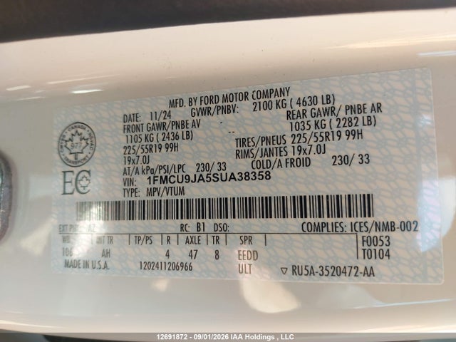 Продаж на аукціоні авто 2025 Ford Escape Platinum, vin: 1FMCU9JA5SUA38358, номер лоту: 12691872