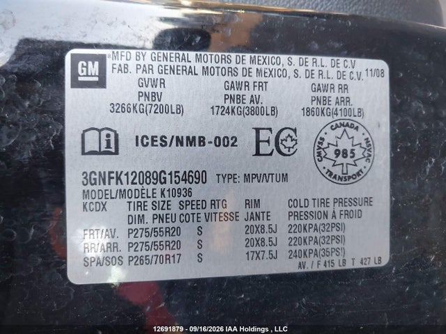 Aukcja sprzedaży 2009 Chevrolet Avalanche 1500 Ls/ltz, vin: 3GNFK12089G154690, numer aukcji: 12691879