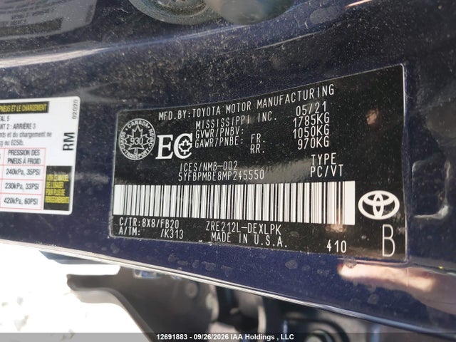 Aukcja sprzedaży 2021 Toyota Corolla Le, vin: 5YFBPMBE8MP245550, numer aukcji: 12691883