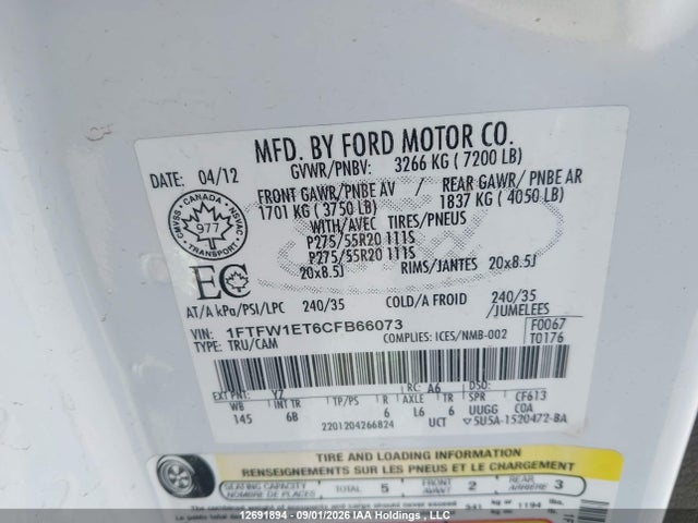 2012 Ford F-150 Fx4 მანქანა იყიდება აუქციონზე, vin: 1FTFW1ET6CFB66073, აუქციონის ნომერი: 12691894