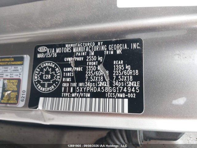 KIA SORENTO EX 2016 5XYPHDA58GG174945 Image 9
