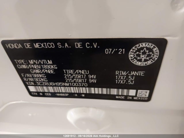 Aukcja sprzedaży 2022 Honda Hr-v Touring, vin: 3CZRU6H95NM100370, numer aukcji: 12691912