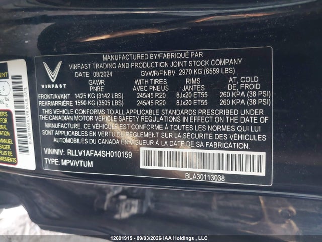 12691915 :رقم المزاد ، RLLV1AFA4SH010159 vin ، 2025 Vinfast Vf 8 Plus مزاد بيع