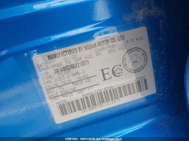 Продаж на аукціоні авто 2020 Nissan Sentra Sv, vin: 3N1AB8CV8LY212873, номер лоту: 12691923