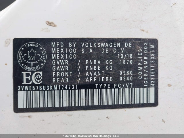 Aukcja sprzedaży 2019 Volkswagen Jetta Sel, vin: 3VWE57BU3KM124731, numer aukcji: 12691942