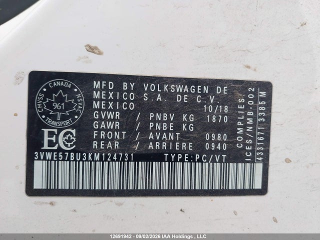 Aukcja sprzedaży 2019 Volkswagen Jetta Sel, vin: 3VWE57BU3KM124731, numer aukcji: 12691942