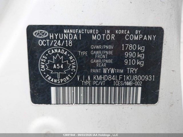 2019 Hyundai Elantra Preferred მანქანა იყიდება აუქციონზე, vin: KMHD84LF1KU800931, აუქციონის ნომერი: 12691944