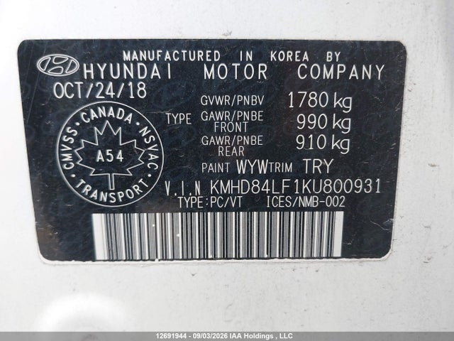 2019 Hyundai Elantra Preferred მანქანა იყიდება აუქციონზე, vin: KMHD84LF1KU800931, აუქციონის ნომერი: 12691944