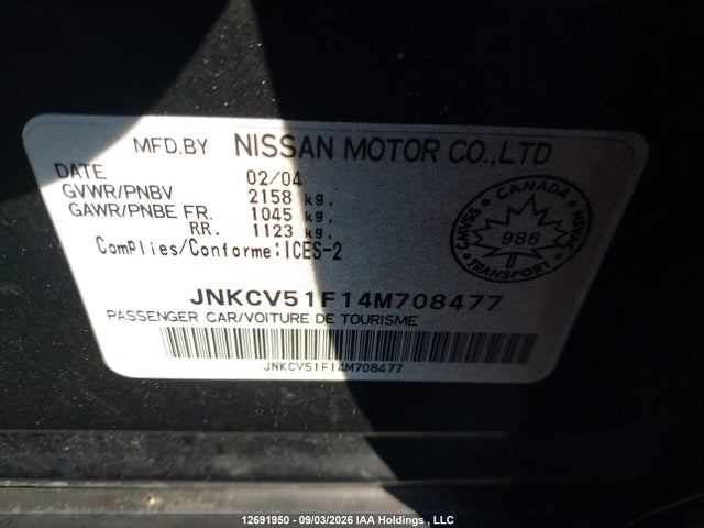 2004 Infiniti G35 მანქანა იყიდება აუქციონზე, vin: JNKCV51F14M708477, აუქციონის ნომერი: 12691950