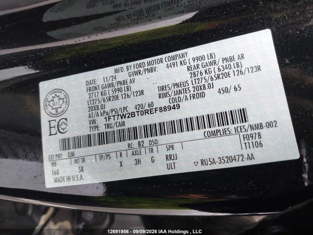 Aukcja sprzedaży 2024 Ford F-250 Lariat, vin: 1FT7W2BT0REF88949, numer aukcji: 12691956