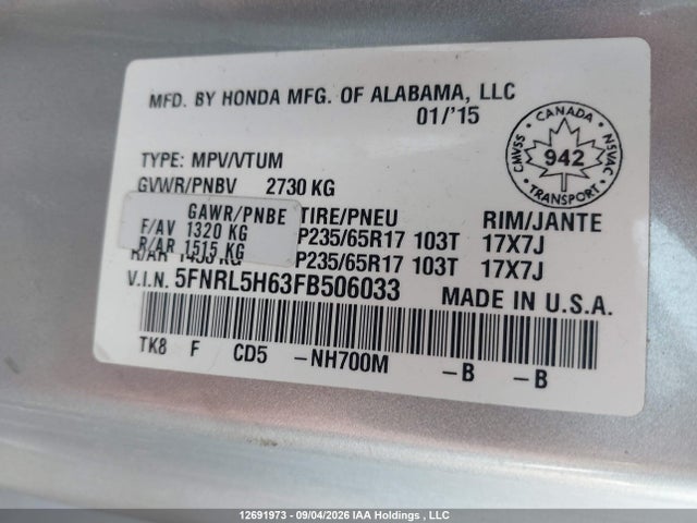 Honda Odyssey Ex-l 2015 5FNRL5H63FB506033 Image 9