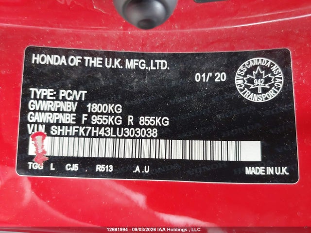 Продажа на аукционе авто 2020 Honda Civic Sport, vin: SHHFK7H43LU303038, номер лота: 12691994