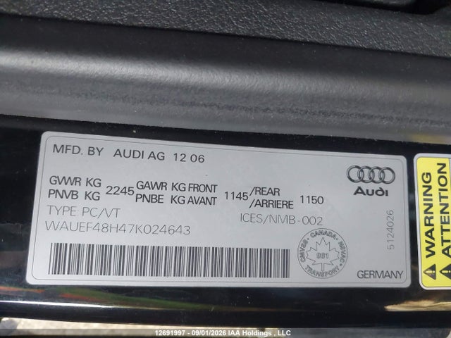 Продажа на аукционе авто 2007 Audi A4 2.0t, vin: WAUEF48H47K024643, номер лота: 12691997