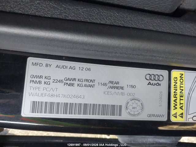 Продажа на аукционе авто 2007 Audi A4 2.0t, vin: WAUEF48H47K024643, номер лота: 12691997