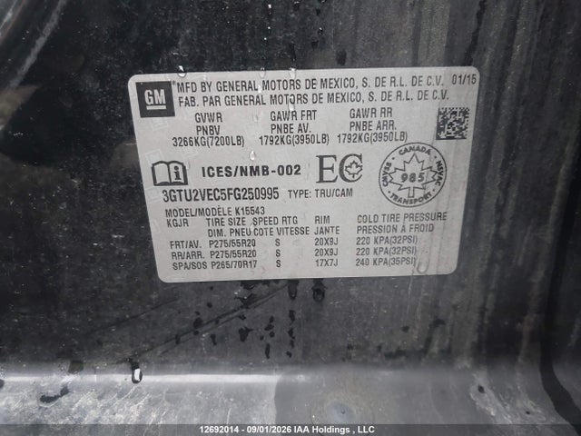 2015 Gmc Sierra 1500 Slt მანქანა იყიდება აუქციონზე, vin: 3GTU2VEC5FG250995, აუქციონის ნომერი: 12692014