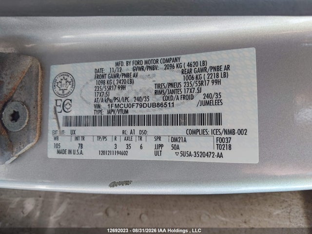 Продаж на аукціоні авто 2013 Ford Escape, vin: 1FMCU0F79DUB86511, номер лоту: 12692023