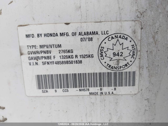 2009 Honda Pilot Ex-l მანქანა იყიდება აუქციონზე, vin: 5FNYF48589B501838, აუქციონის ნომერი: 12692024