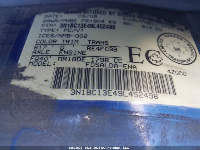 Aukcja sprzedaży 2009 Nissan Versa S/sl, vin: 3N1BC13E49L452498, numer aukcji: 12692026