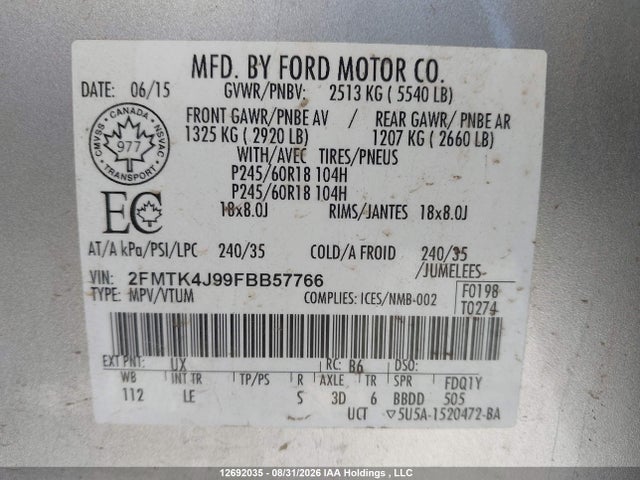Продаж на аукціоні авто 2015 Ford Edge Sel, vin: 2FMTK4J99FBB57766, номер лоту: 12692035