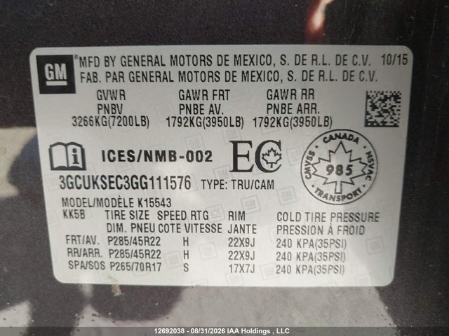 3GCUKSEC3GG111576 Chevrolet Silverado 1500 Ltz